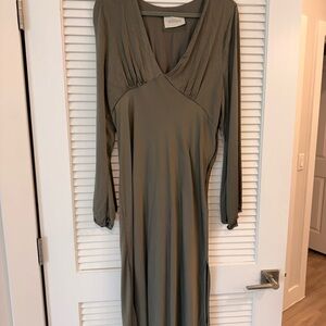 BHLDN Olive Green Long Sleeve Wrap-Style Midi Dress